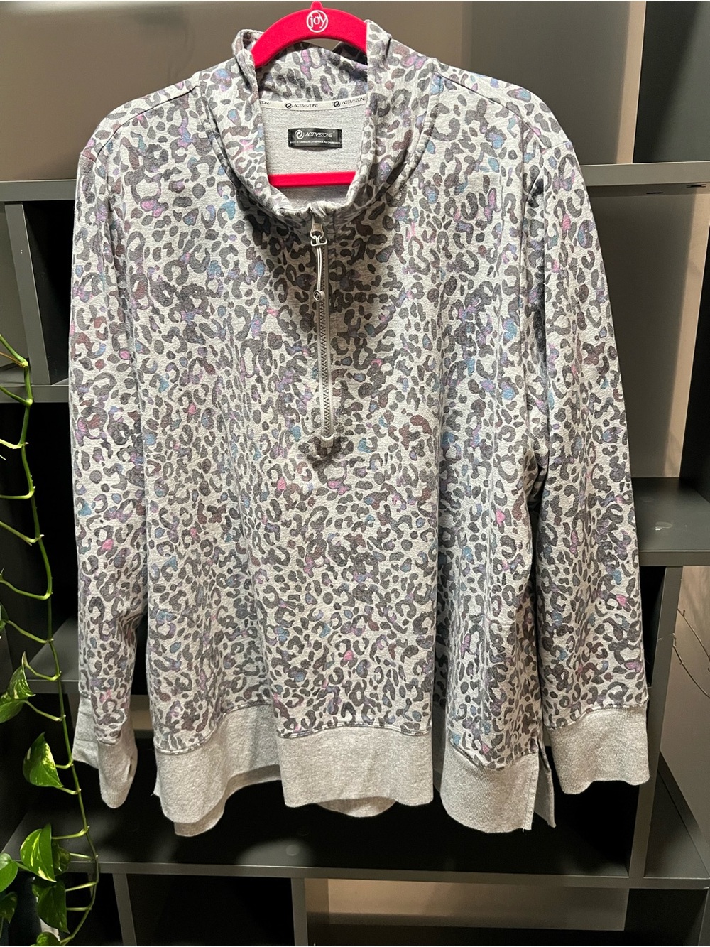 Gray & Lavender Leopard Print Half-Zip Pullover with Pockets & Thumbholes